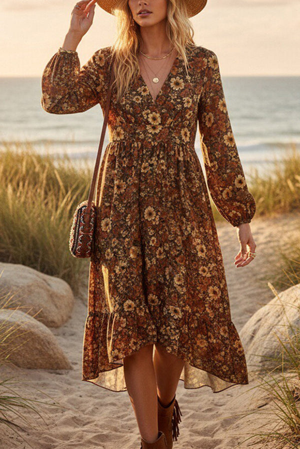 Floral Print V-neck Long-sleeved Casual Ruffle Midi Dress-consonak