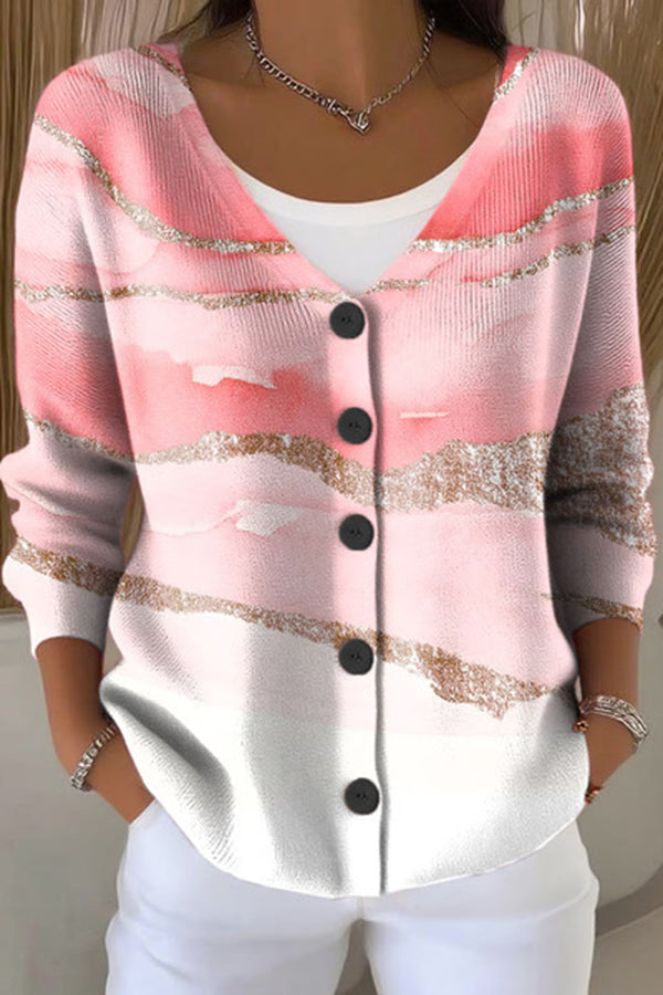 Unique Print V-Neck Long Sleeve Casual Knit Cardigan-consonak