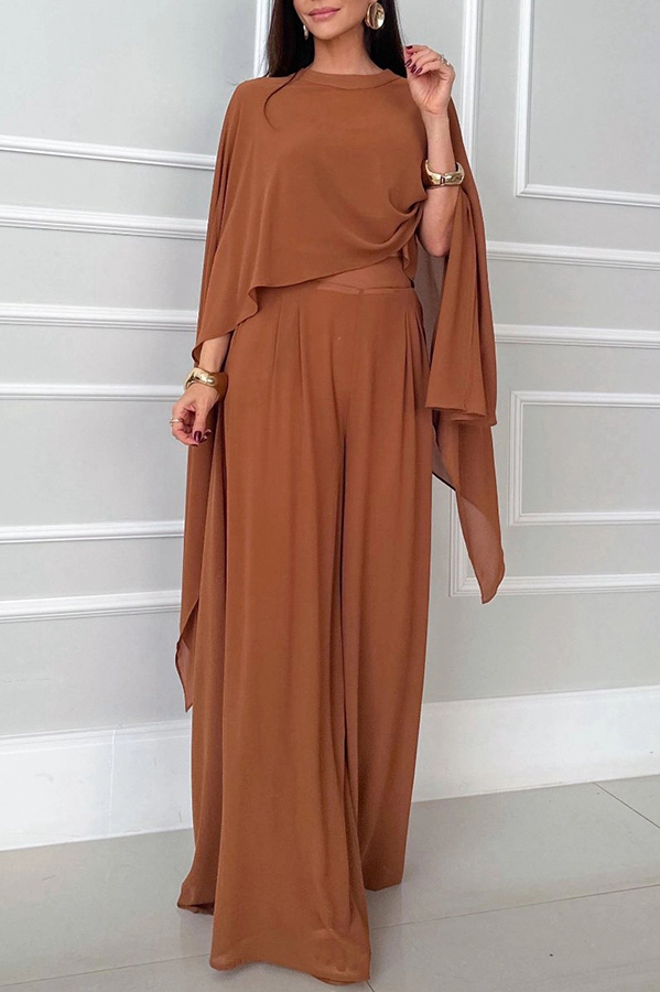 Veronica Chiffon Cape Flowing Top and Elastic Waist Wide-Leg Pants Set-consonak