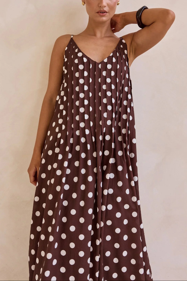 Polka Dot Print V-neck Pleated Casual Vacation Maxi Dress-consonak