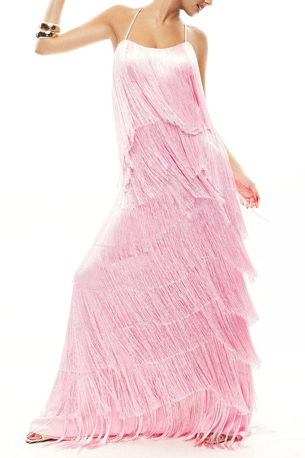 Dynamic Beauty Layered Tassel Design Back Tie-up Maxi Dress-Consonak