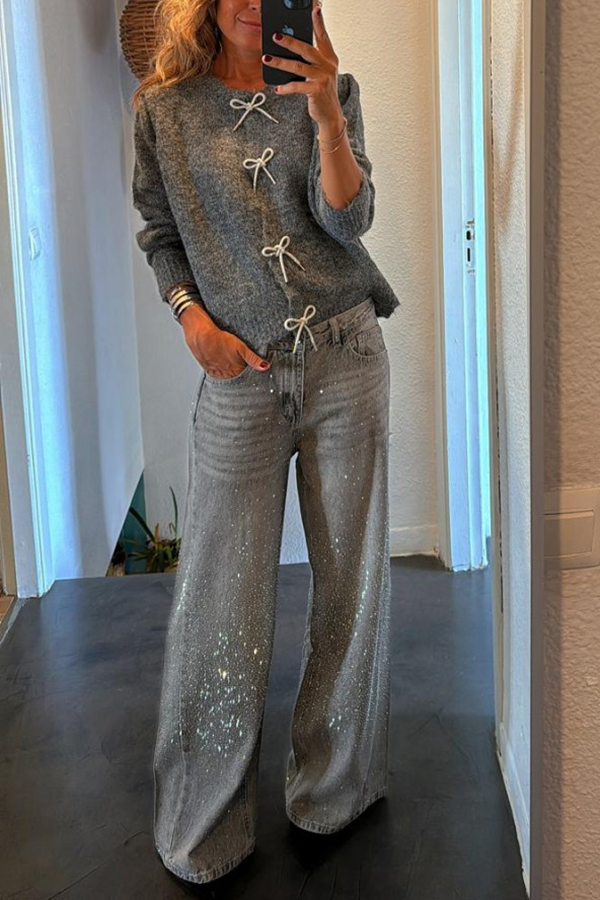 Paris Mornings Knit Front Bow Design Long Sleeve Relaxed Cardigan-consonak