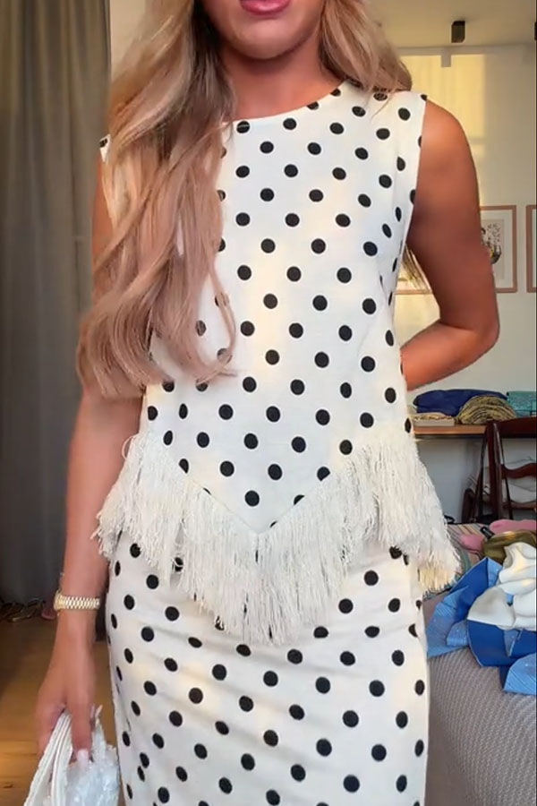 Verrah Linen Blend Polka Dot Print Tassel Trim Loose Tank