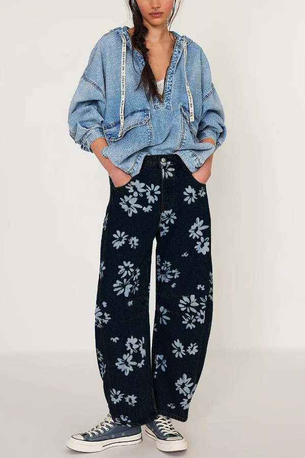 Fashionable Printed Casual Loose Mid-rise Pocket Leg Jeans