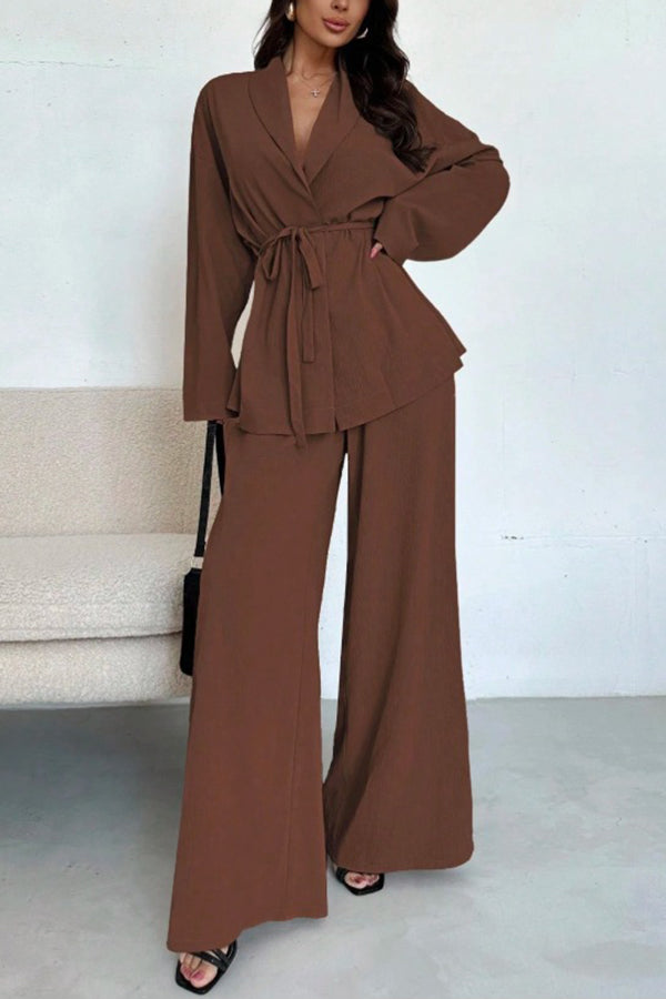 Solid Color Collared Long-sleeved Tie-waist Loose Top and Elastic Waist Casual Wide-leg Pants Set-consonak