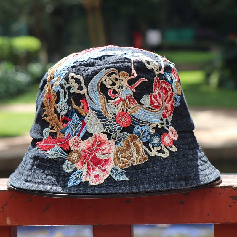 Fashionable Ethnic Style Embroidered Denim Bucket Hat-consonak