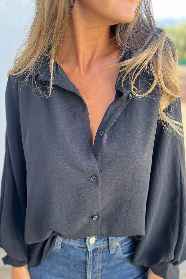 Solid Color Loose Batwing Sleeve Buttoned Casual Shirt-consonak