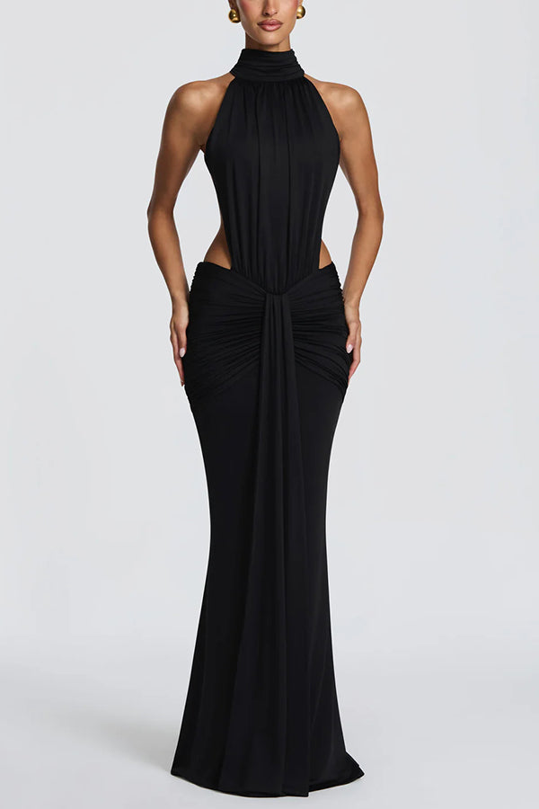 Thekla Stretch Slinky Jersey High Neck Ruched Backless Drape Maxi Dress