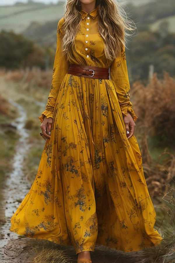 Floral Print Lapel Long-sleeved Belted Holiday Maxi Dress-consonak