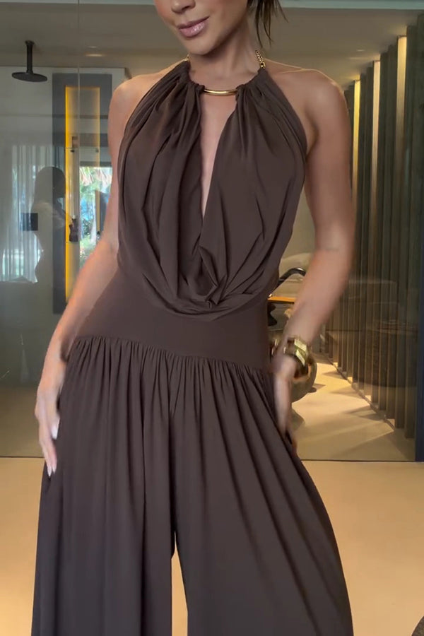 Lightweight Chic Metal Ring Drape Cowl Halter Neck Stretch Bodysuit