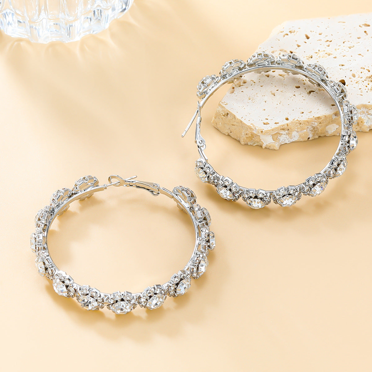 Textured Rhinestone Hoop Earrings-consonak