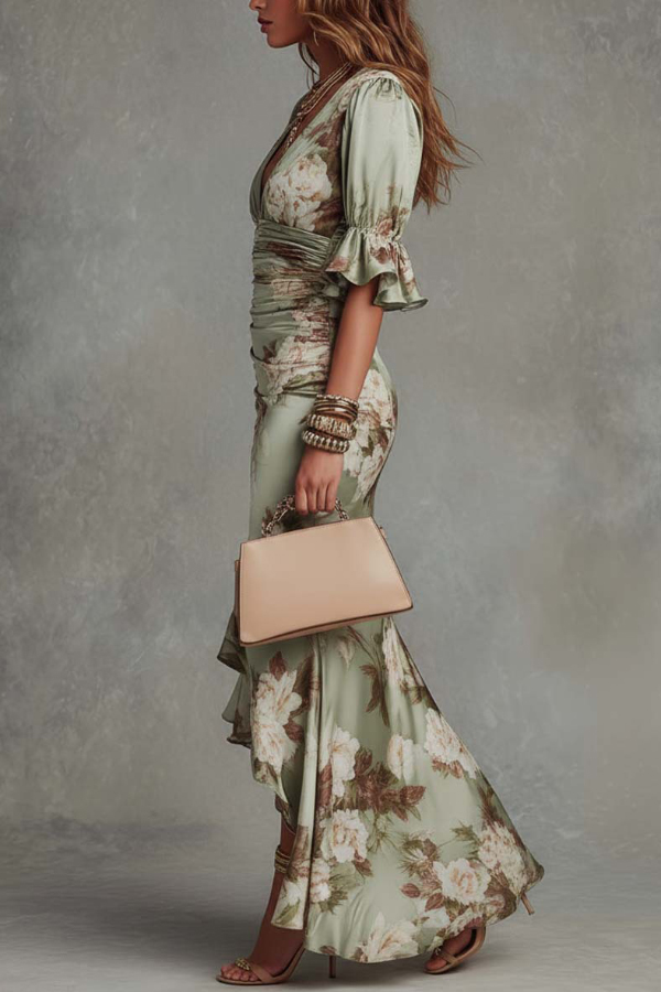 Floral Print V-neck Ruffled Short-sleeved Fitted Waist Pleated Maxi Dress | Consonak