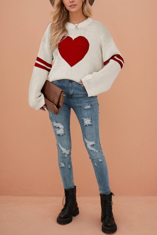 Fashionable Heart-shaped Jacquard Long-sleeved Loose Knit Sweater-consonak