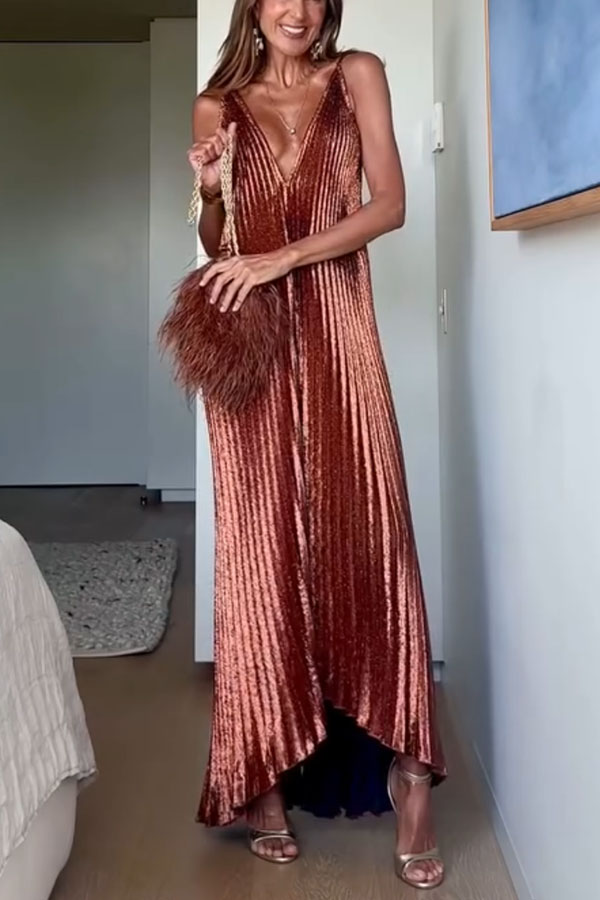 Muse Glitter Fabric Pleated V-neck Tulip-cut Hemline Slip Maxi Dress