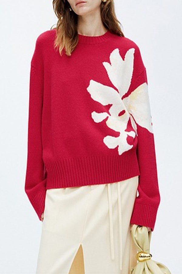Fashionable Color-blocked Floral Loose Long-sleeved Knit Sweater-consonak