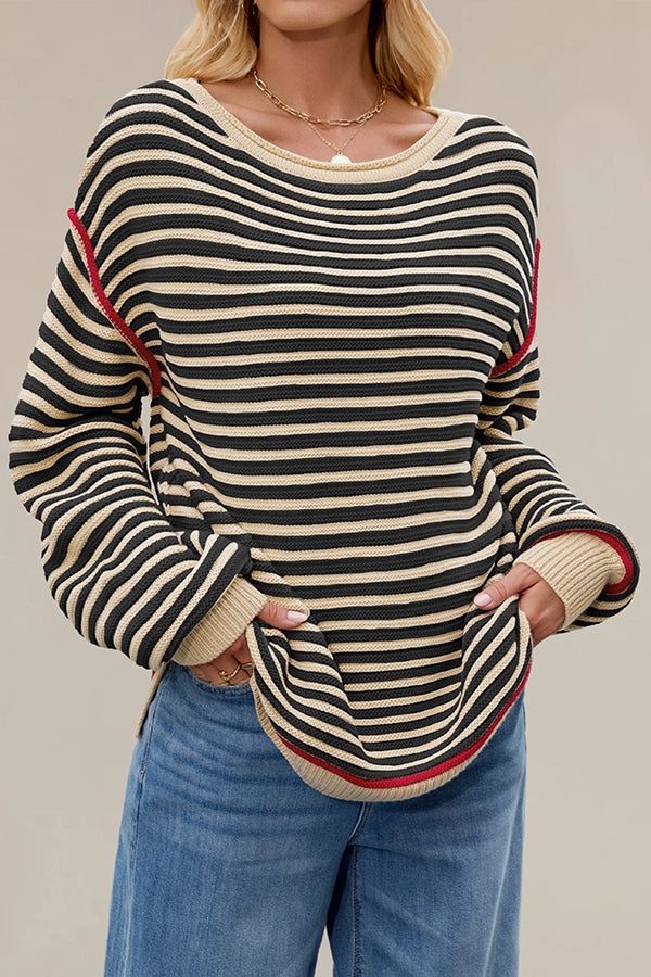 Striped Knit Loose-fitting Crew Neck Long-sleeved Casual Sweater-consonak