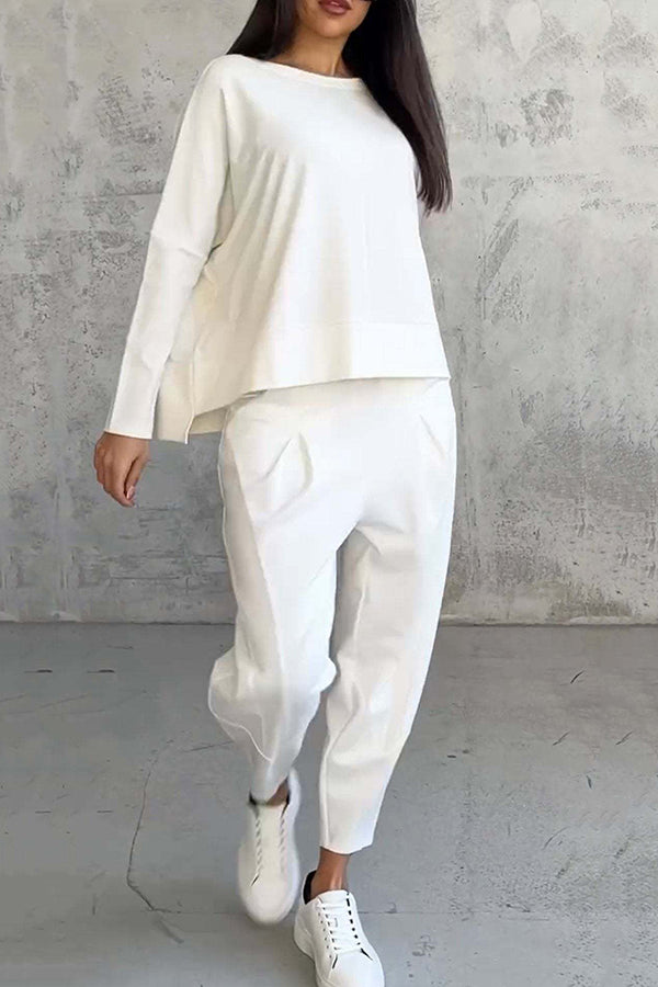 Solid Color Crew Neck Long-sleeved Irregular Loose Top and Elastic Waist Pocket Casual Pants Set-consonak