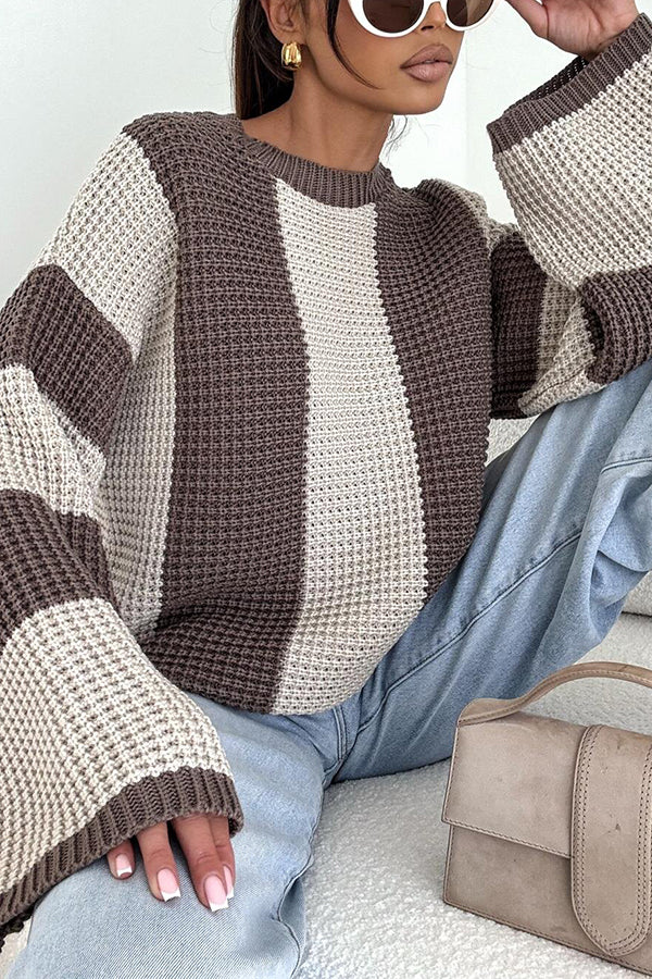 Fashionable Colorblock Loose Long-sleeved Casual Knitted Sweater-consonak