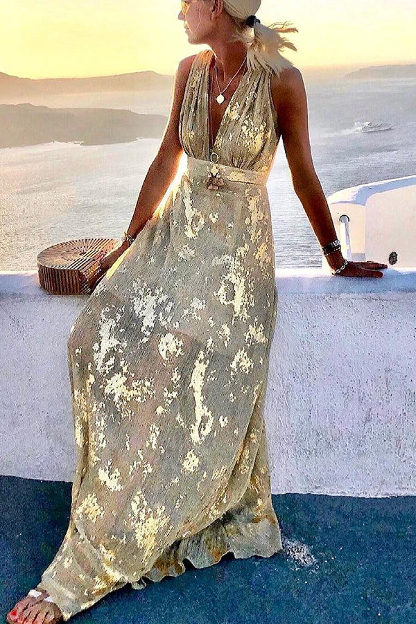 Golden Sunset Stories V-neck Maxi Dress-consonak