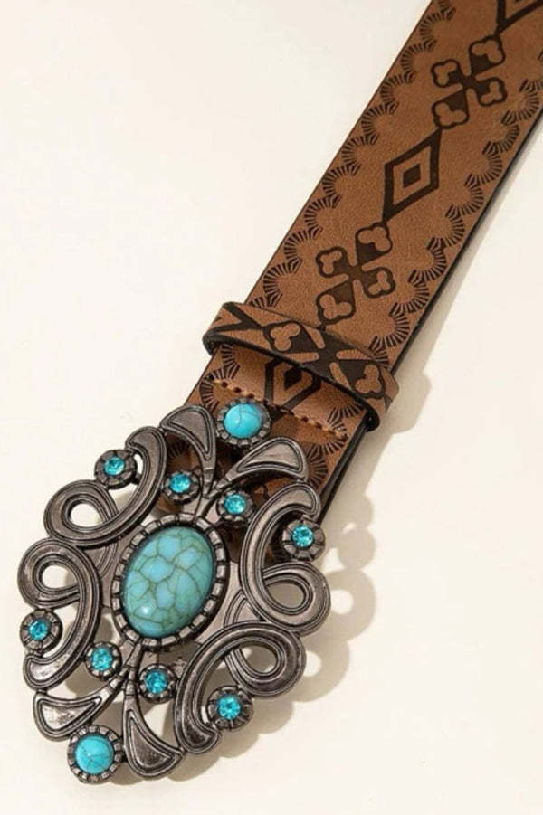 Distressed Embossed Western Vintage Denim Belt-consonak