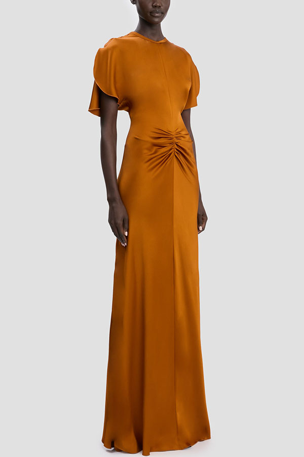 Isabella Satin Short Sleeve Ruched Waist V-shape Back Gown Maxi Dress-consonak