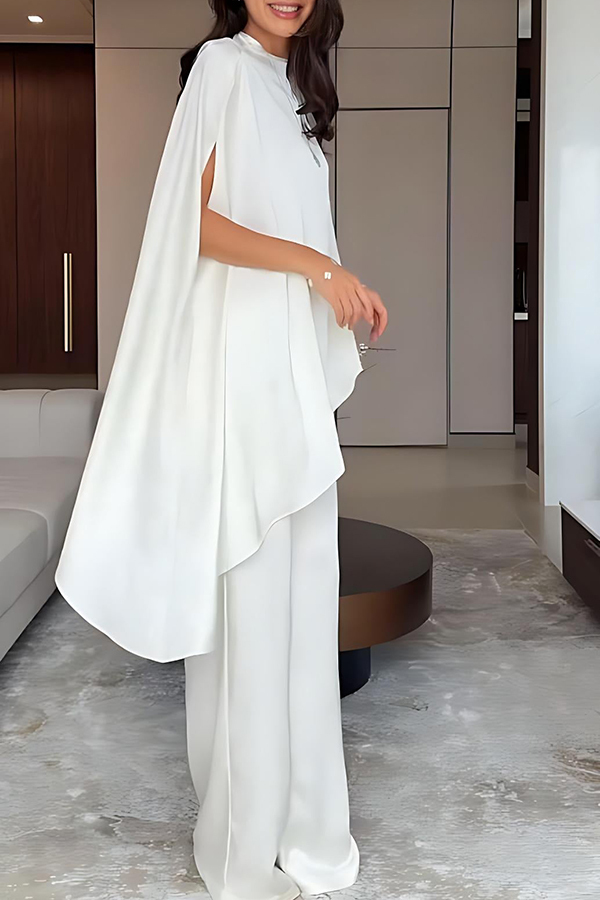 Iris Satin High Neck Cape Sleeve Irregular Hem Top and Elastic Waist Wide-Leg Pants Set-consonak