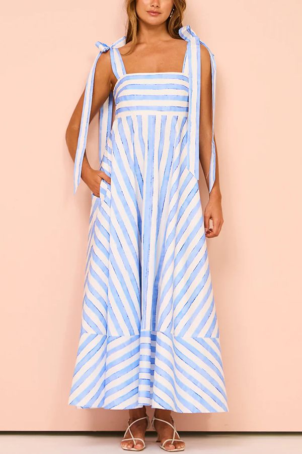 Treasured Times Stripe Print Tie-up Shoulder Pocketed A-line Maxi Dress-consonak