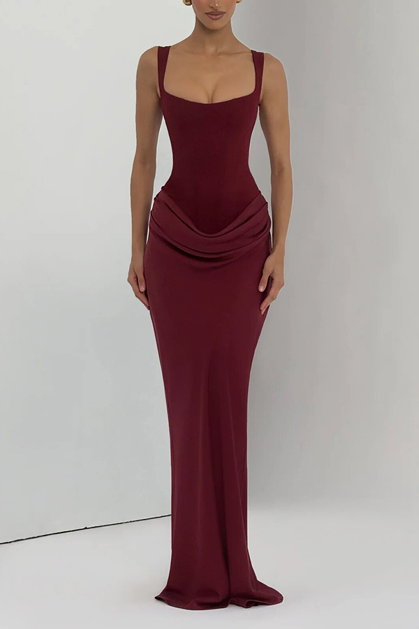 Larrah Square Neck Back Lace-up Satin Drape Hem Maxi Dress | Consonak