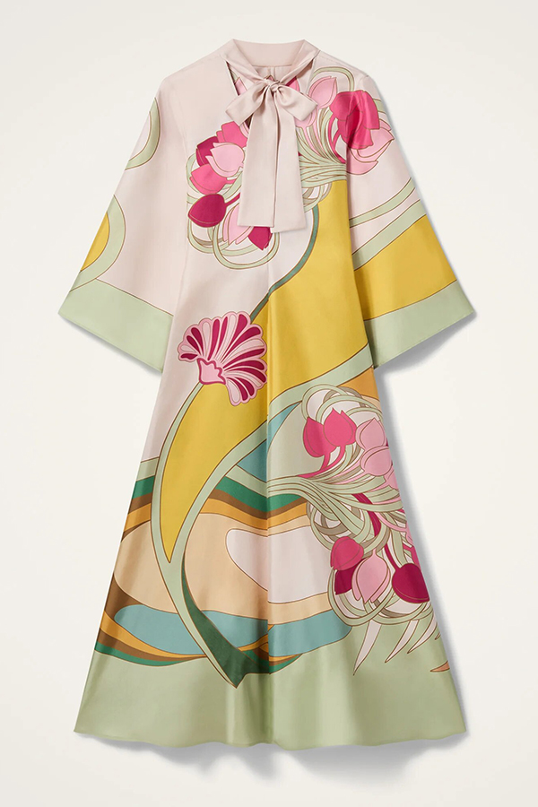 Darla Satin Colorful Baroque Style Printed Tie-up Neck Bell Sleeve Maxi Dress-Consonak