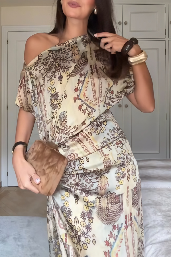 Cassie Satin Unique Print One Shoulder Ruched Waist Asymmetrical Hem Maxi Dress