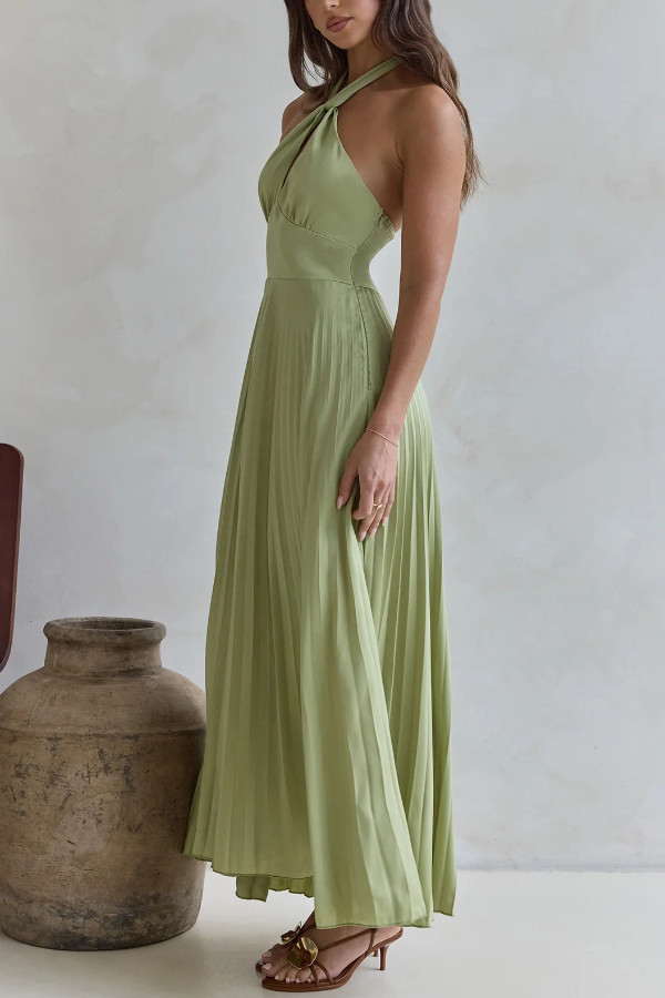 Solid Color Halter Neck Hollowed-out Casual Pleated Holiday Maxi Dress-consonak