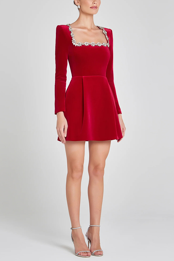Endless Celebration Velvet Jewel Embellished Trim Long Sleeve Pocketed Mini Dress | Consonak