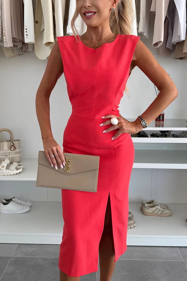 Charming Lady Solid Color Round Neck Sleeveless Waisted Slit Stretch Midi Dress | Consonak