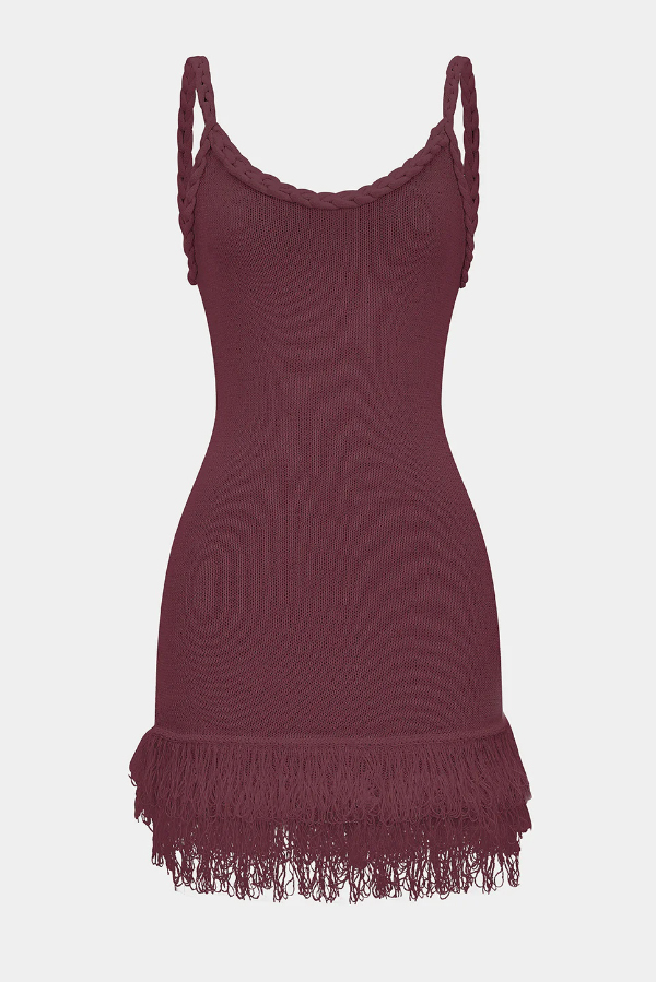 Solid Color Cable Camisole Slim Fit Tassel Knit Mini Dress-consonak