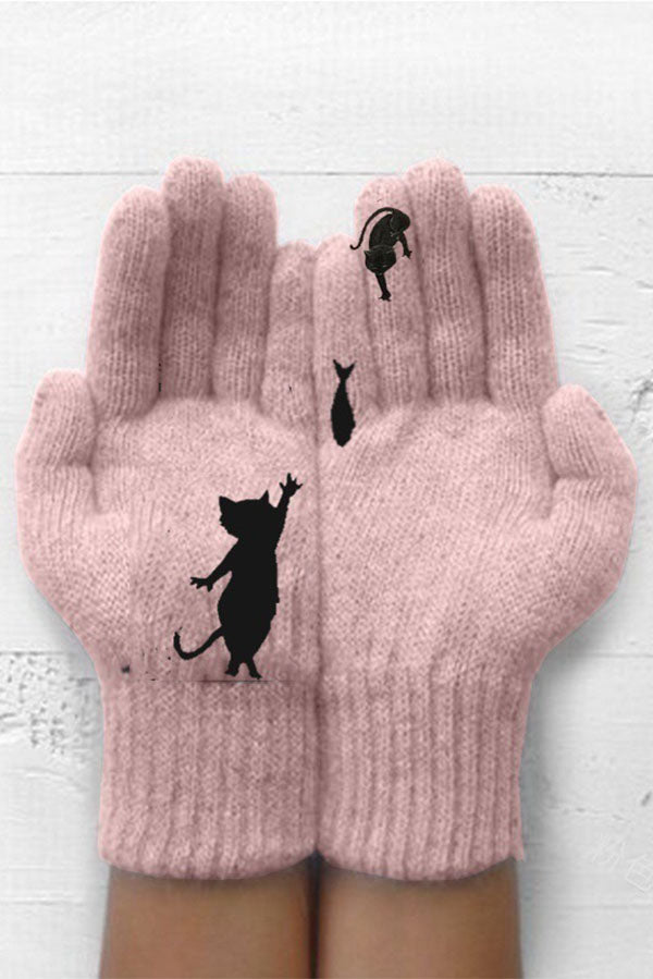 Printed Knitted Gloves Short Thickened Warm Finger Gloves-Cat-consonak