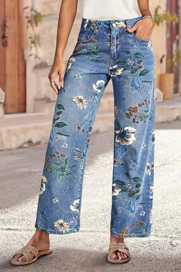 Floral Print Loose Pocket High-waisted Wide-leg Jeans