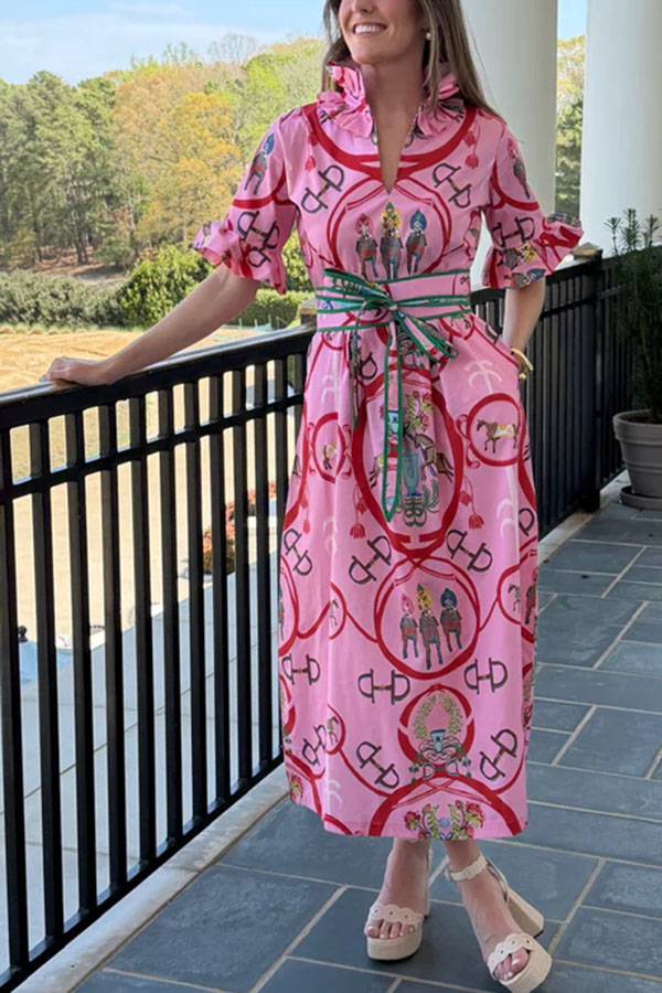 Churchill Social Playful Warhorse Print Stand Neck Ruffle Sleeve Belted Pocket Caftan Midi Dress-Consonak
