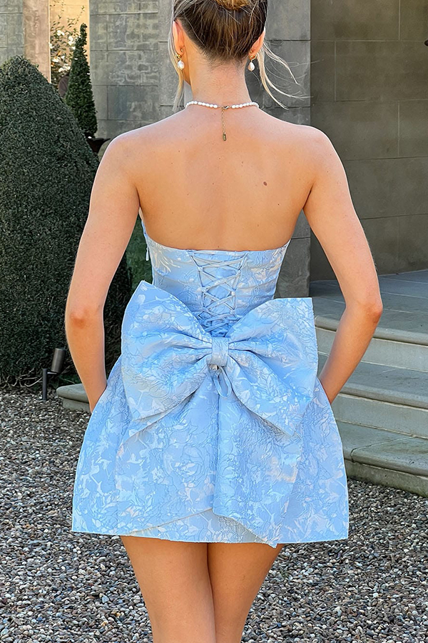 Palace Style Jacquard Fabric Off Shoulder Backless Lace-up Bow Mini Dress-consonak