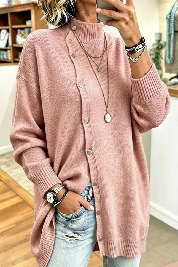 Warm Season Knit Turtleneck Button-down Long Sleeve Loose Sweater-Consonak