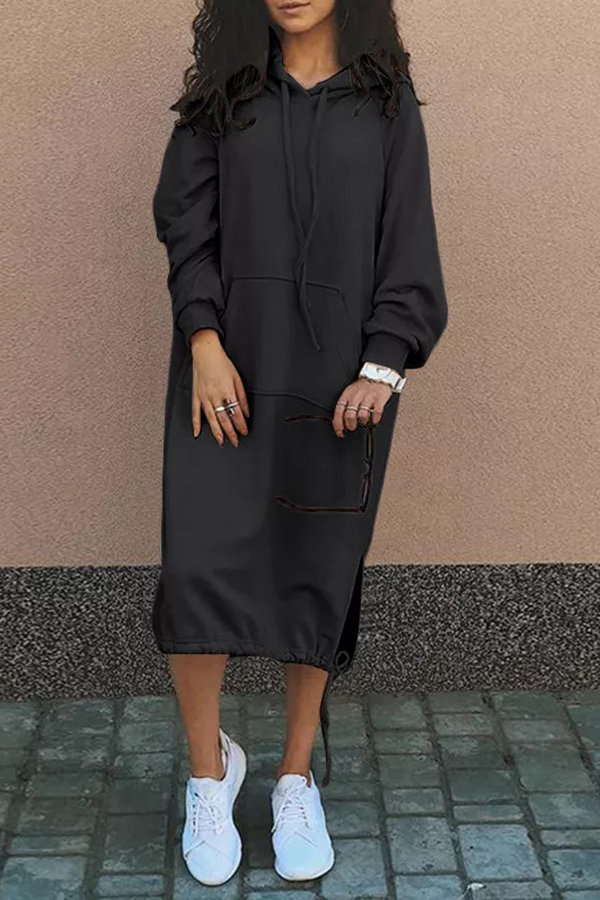 Solid Color Casual Hooded Lace-up Pocket Sweatshirt Style Midi Dress-consonak