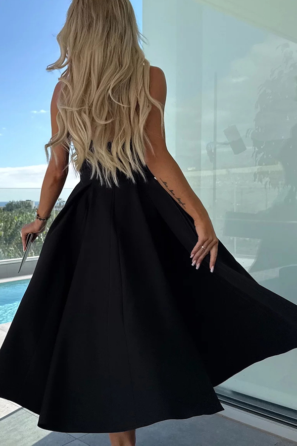 Sweet Cascade Solid Color Off Shoulder Pocket Full Hem Midi Dress-consonak