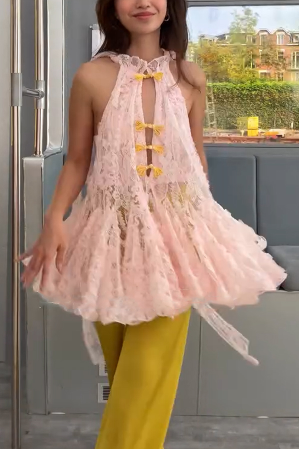 Cheongsam Style Lace Stand Neck Knots Button Ruffle Flare Hem Top