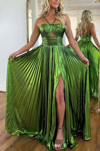 Queen style metal fabric suspender strapless sexy party hollow out elegant pleated long skirt-consonak