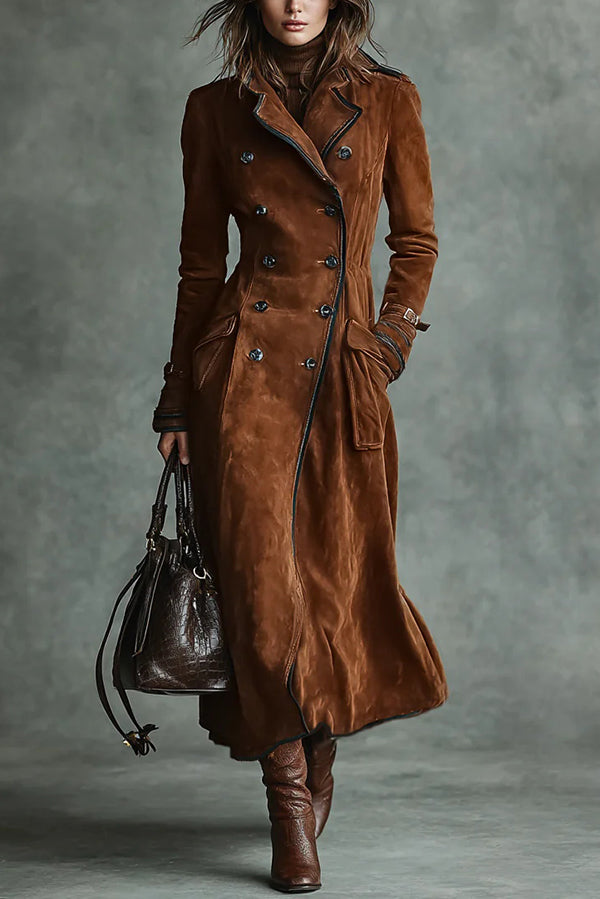 Stylish Suede Lapel Button Casual Pocket Long Trench Coat-consonak