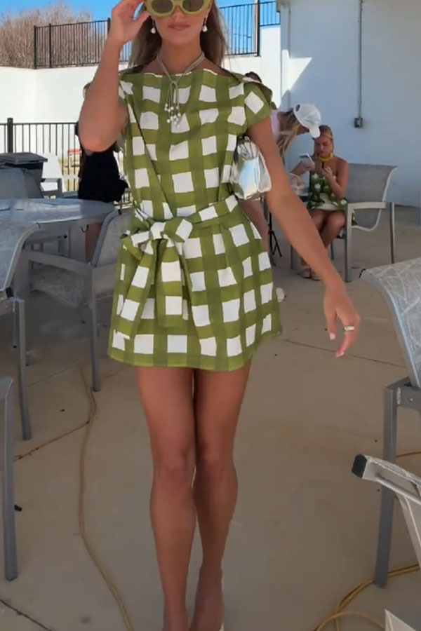 Elena Plaid Print Split Short Sleeve Tie-up Waist Loose Mini Dress