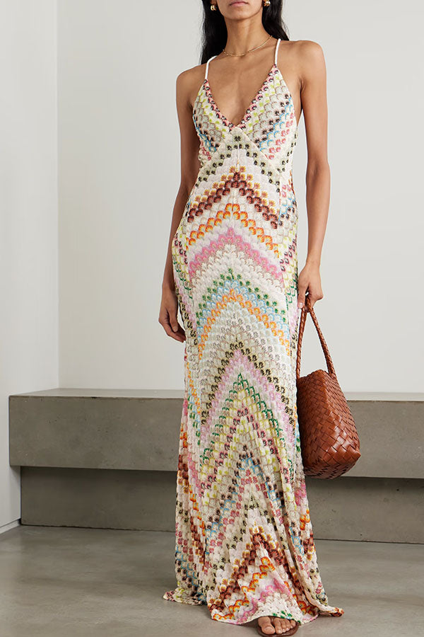 Missoni Summer Knit Colorful Herringbone Print Open Beck Maxi Dress-consonak