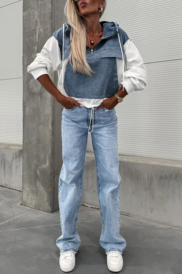 All The Time Denim Patchwork Soft Fabric Kangaroo Pocket Loose Hoodie-consonak