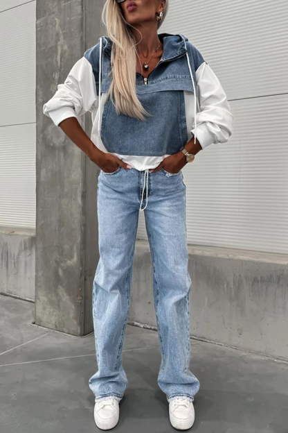 All The Time Denim Patchwork Soft Fabric Kangaroo Pocket Loose Hoodie-consonak