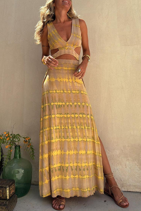 Eleanor Tie-dye Print Cutout Design Slit Stretch Dress | Consonak