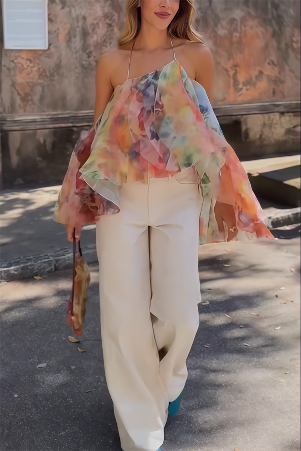 Dreamy Piece Floral Rendered Print Layered Ruffles Fanned Halter Top